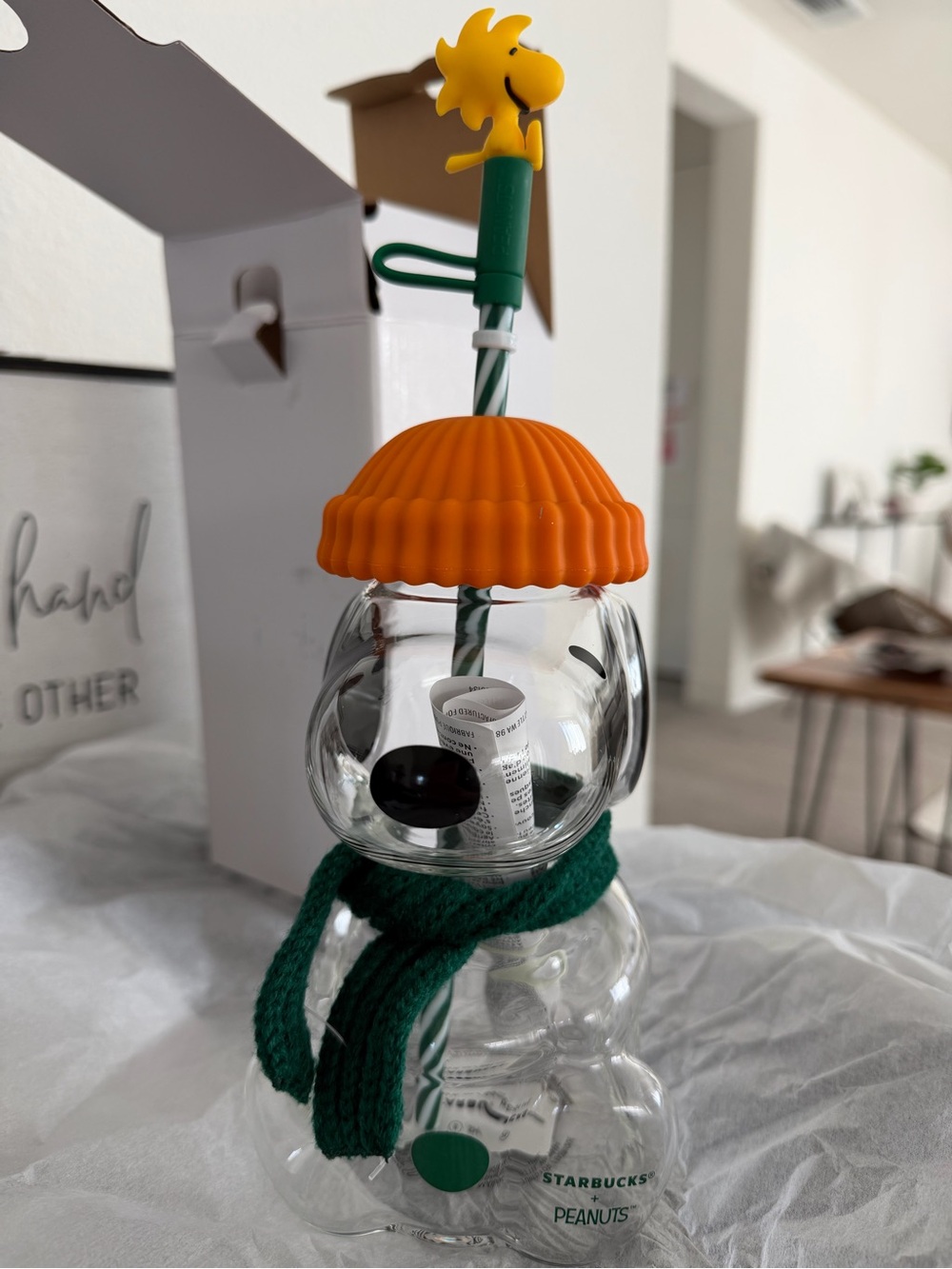 Starbucks Peanuts Snowman Straw Bottle with Orange Hat and Green Scarf Snoopy